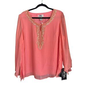 Bob Mackie Studio Coral Beaded Silk Blouse Size 16 Long Sleeve Top NWT